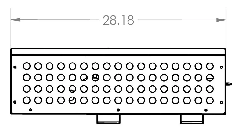 Front view dimensioned 28.18 inches wide, showing the round vent hole pattern and mounting tabs