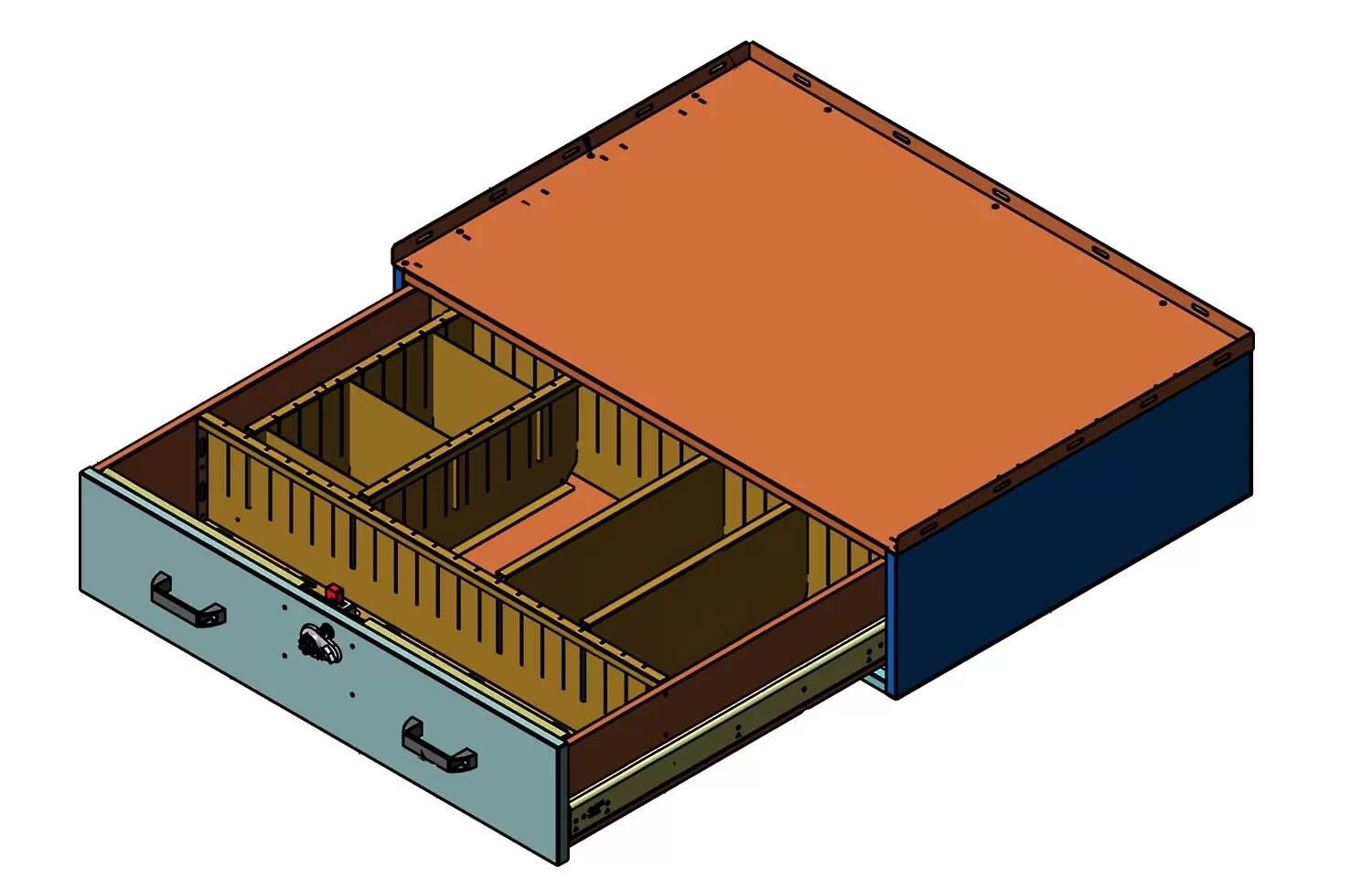 D&R 934-0889a vehicle storage cabinet with the drawer open, adjustable dividers and combination lock