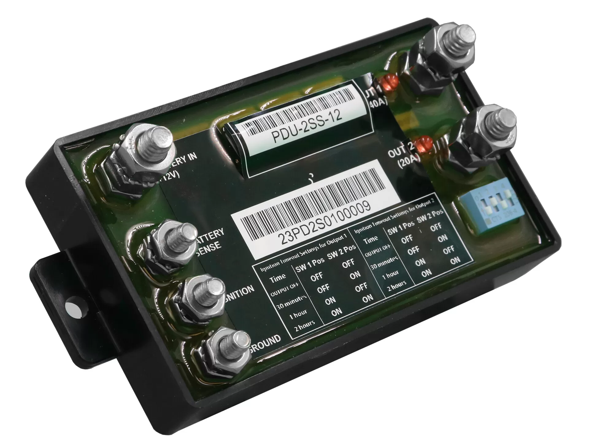 Tilted view showing the four-position DIP switch, side mounting bracket and low-profile black housing
