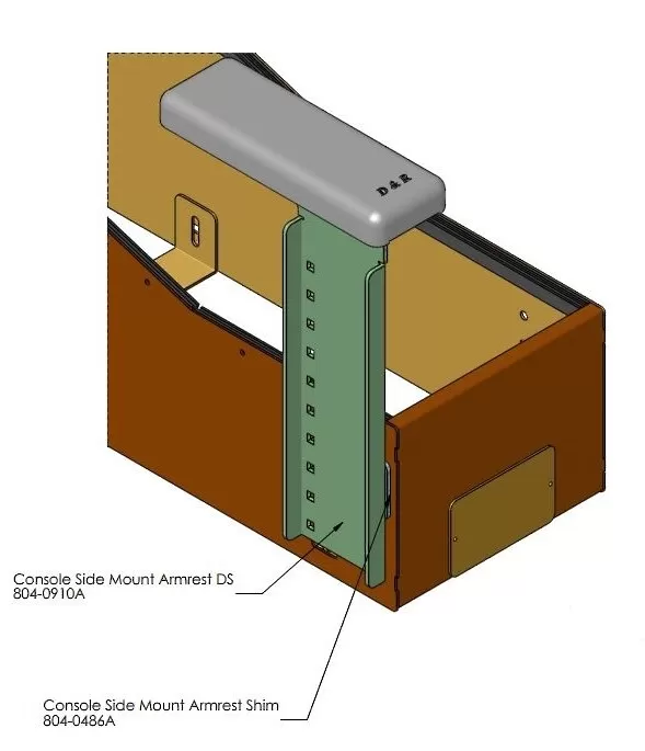 Assembly detail calling out the 804-0486A armrest shim behind the slotted height-adjust bracket