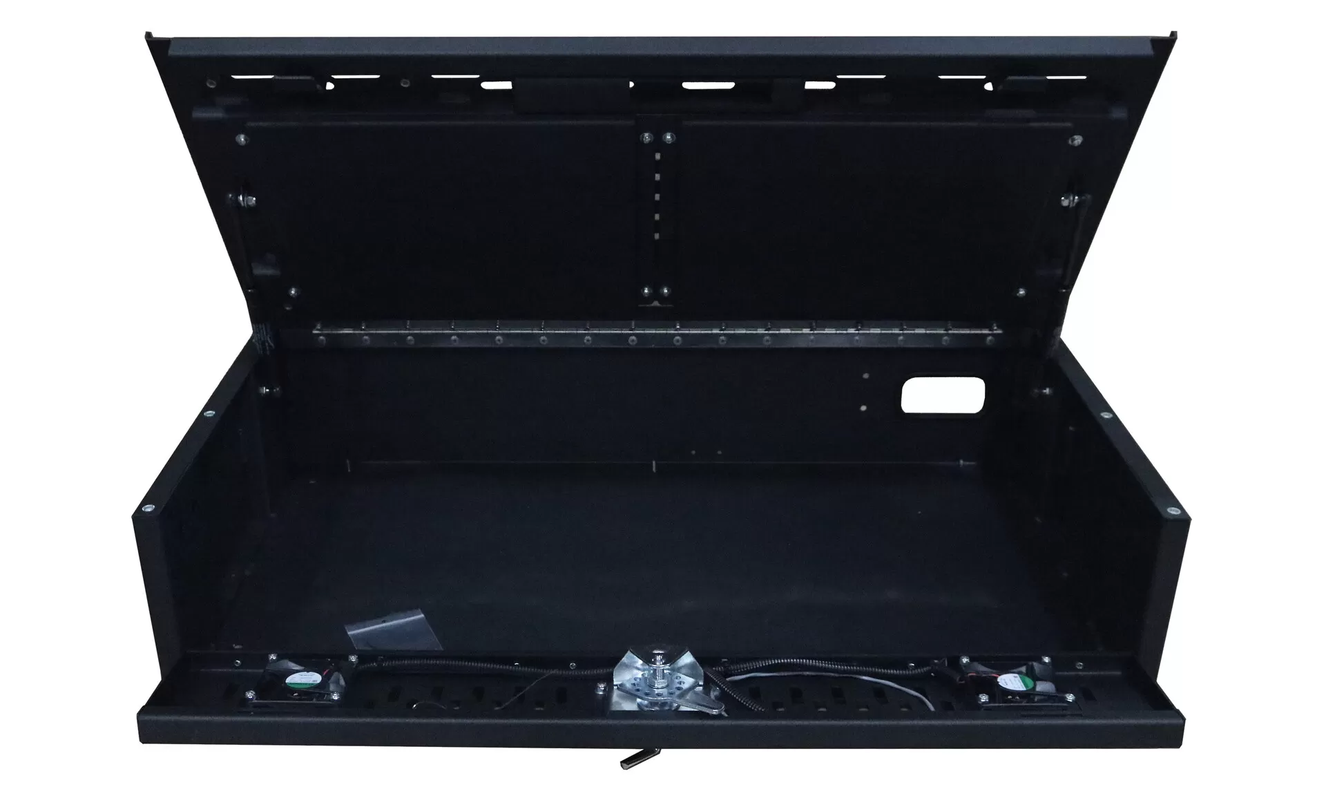 Front view of the open chest with lockable T-handle centred between two cooling fan cut-outs