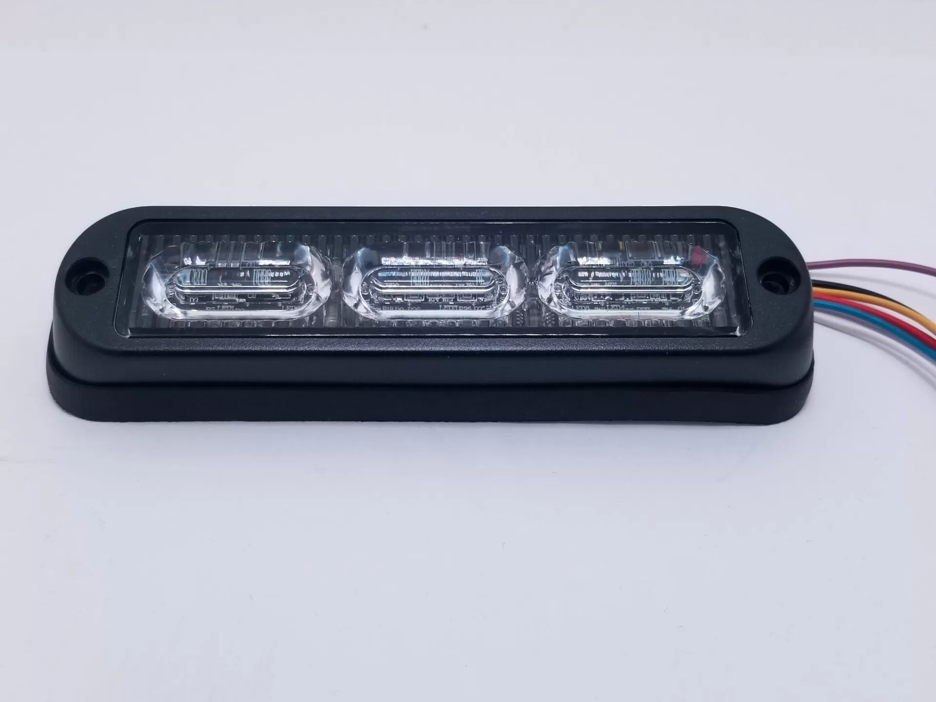 D&R PY-9672-X thin sealed surface mount LED module with three clear lens optics and a wiring pigtail