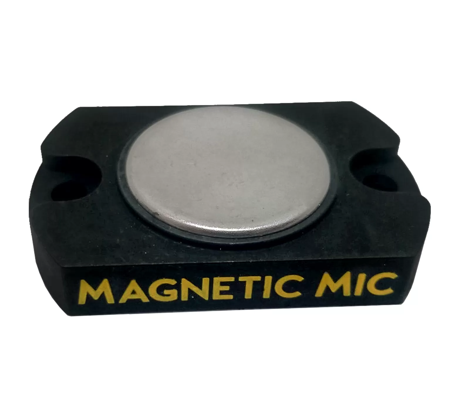 Magnetic base on its own, showing the round steel magnet face, two screw holes and gold lettering