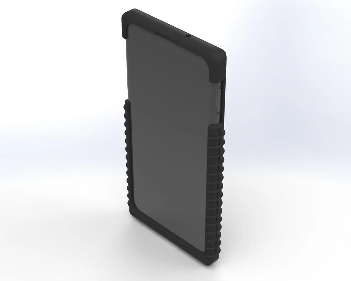 Front of the assembled case with the phone fitted, dark screen ringed by the ribbed bumper