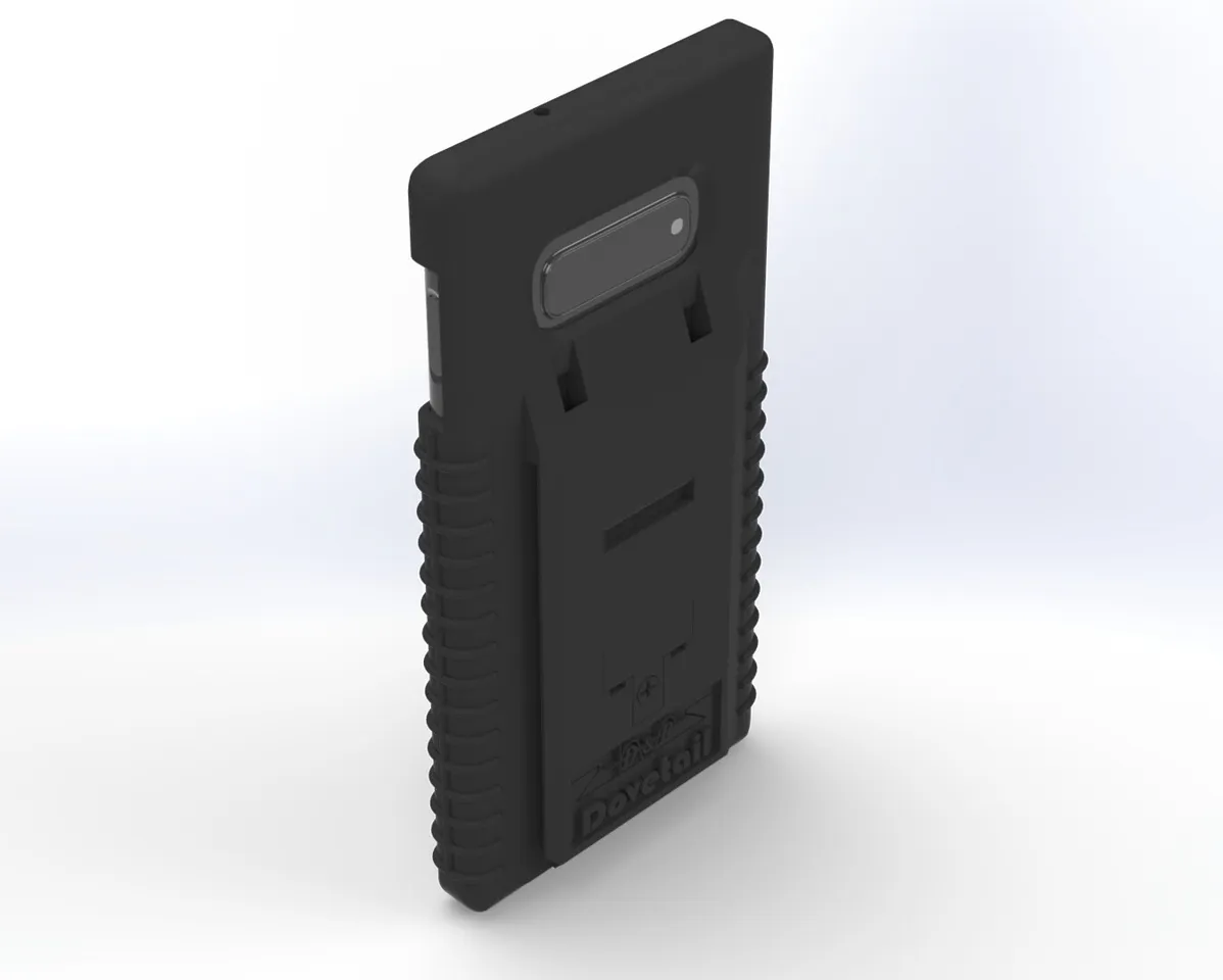 Galaxy S10e in the case with its horizontal camera bar showing through the rear opening