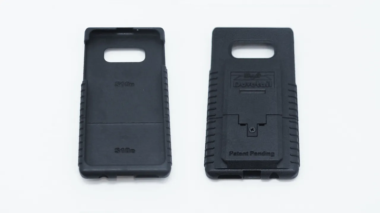 Two S10e cases side by side, one turned inside up and embossed S10e, the other marked Patent Pending