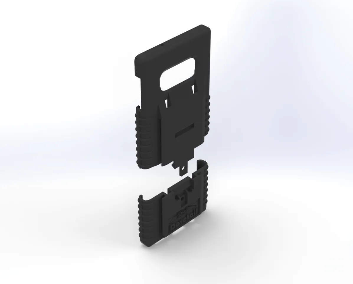 Two-piece S10e case separated, main shell above the slide-on bottom section, rear angle