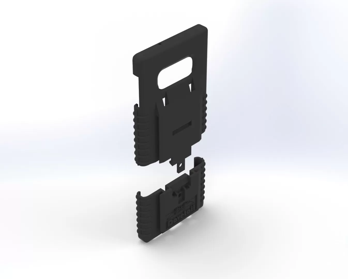 Two-piece S10e case separated, main shell above the slide-on bottom section, rear angle