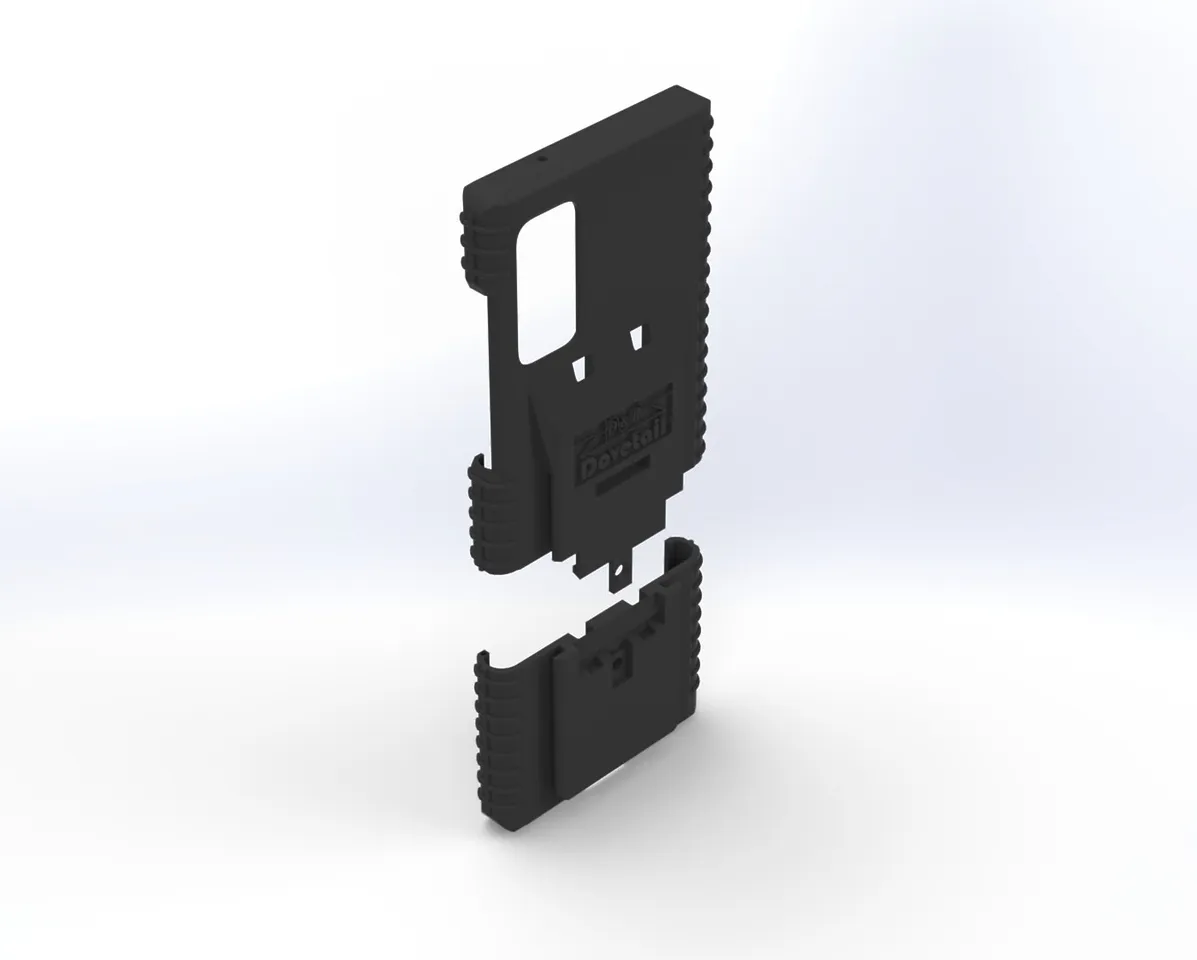 Two-piece S20Fe case separated, main shell floating above the slide-on bottom section, rear angle