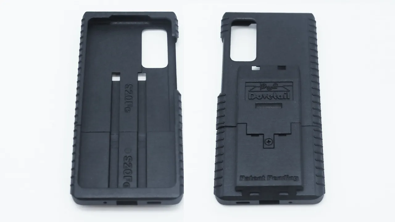 Two S20Fe cases side by side, one turned inside up and embossed S20Fe, the other marked Patent Pending