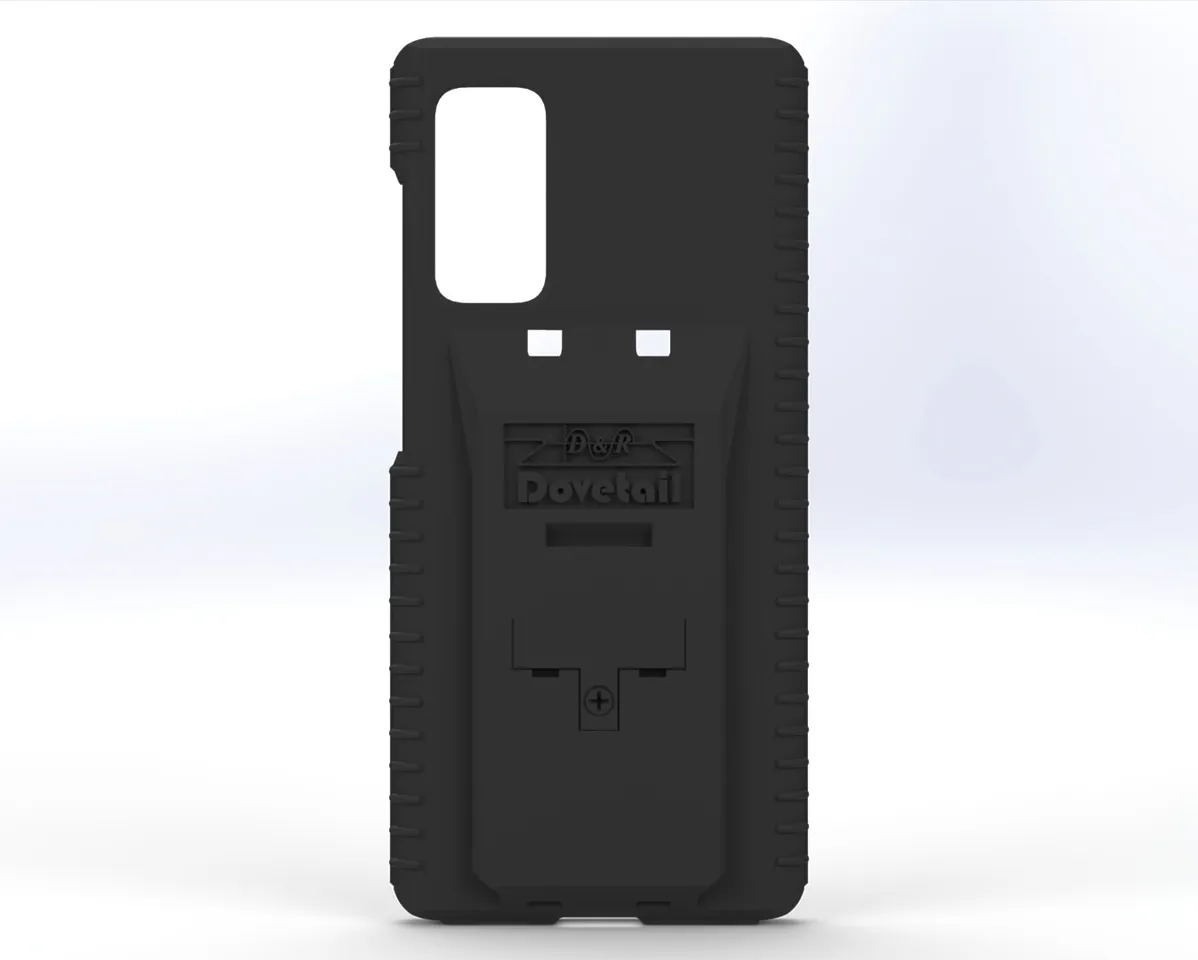 D&R Dovetail phone case for the Galaxy S20Fe, rear view with the dock plate and tall camera cutout