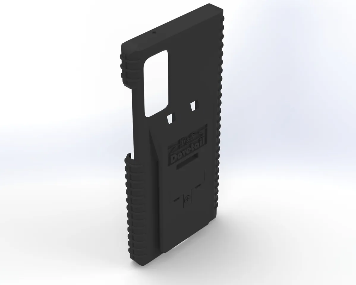 Empty S20Fe case at a three-quarter rear angle, ribbed side grips and open camera cutout