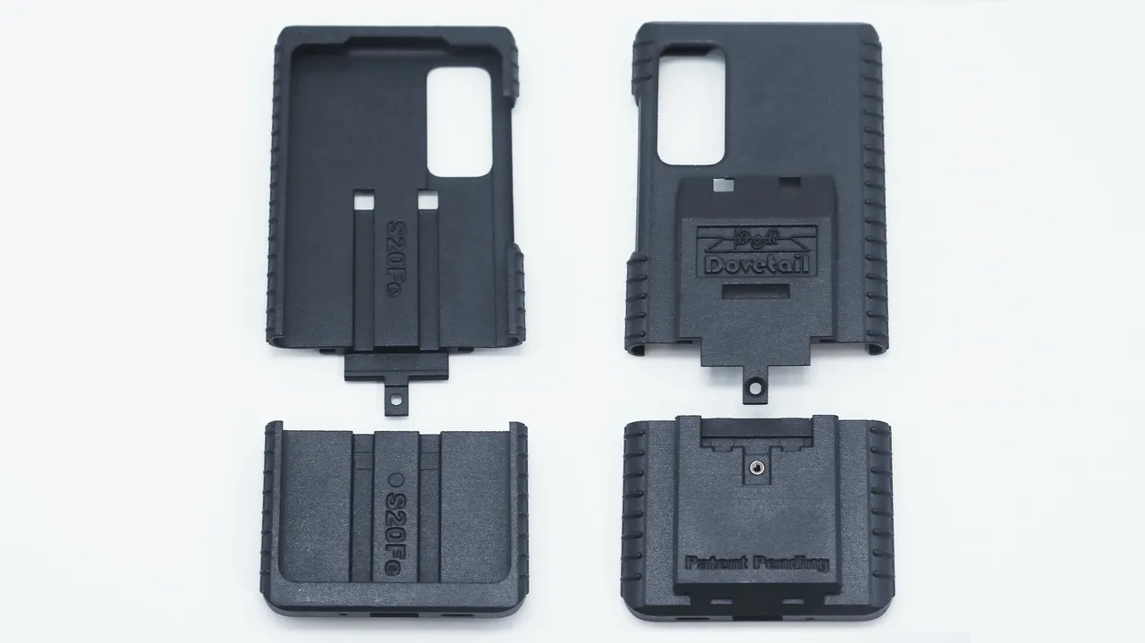 S20Fe case parts laid out with the lower caps taken off both the inside-up and outside-up shells