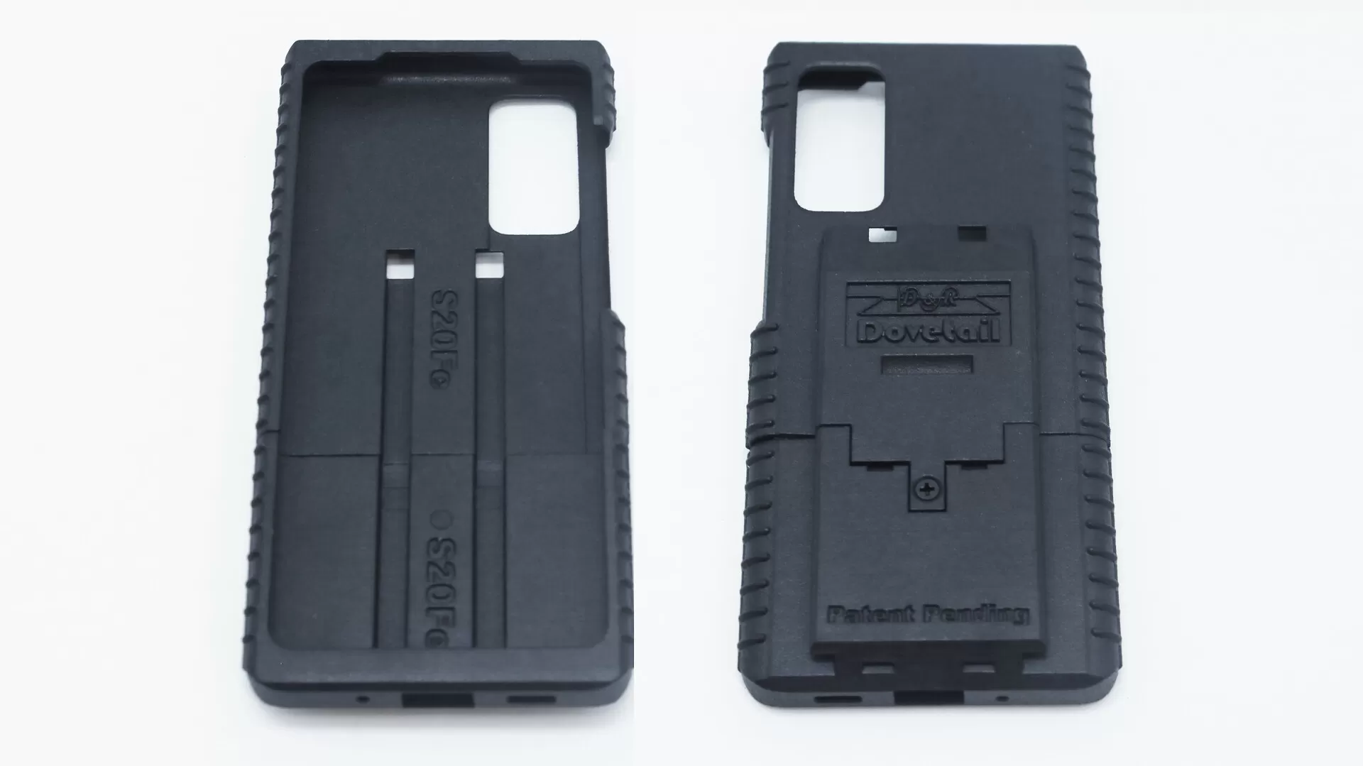 Two S20Fe cases side by side, one turned inside up and embossed S20Fe, the other marked Patent Pending