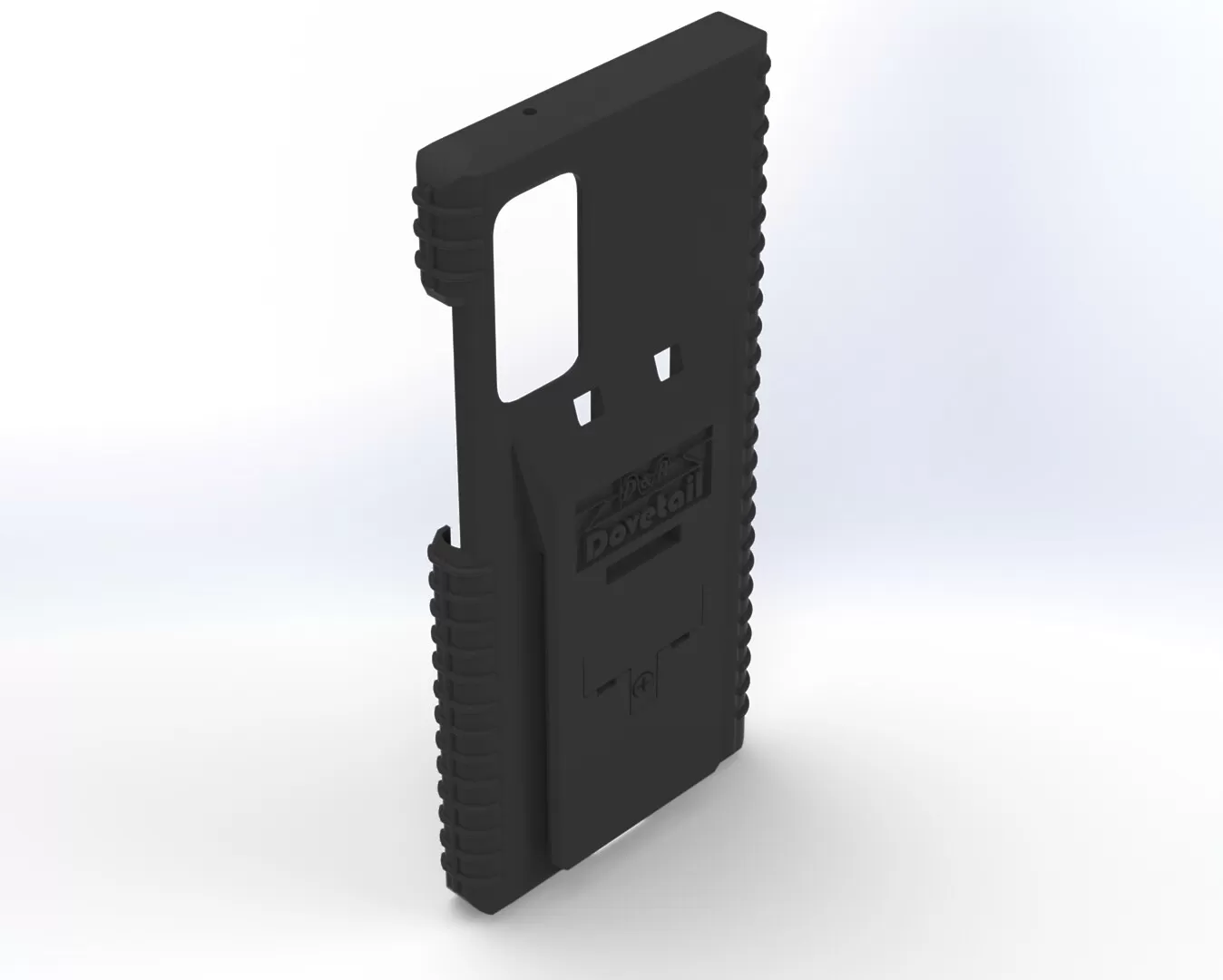Empty S20Fe case at a three-quarter rear angle, ribbed side grips and open camera cutout