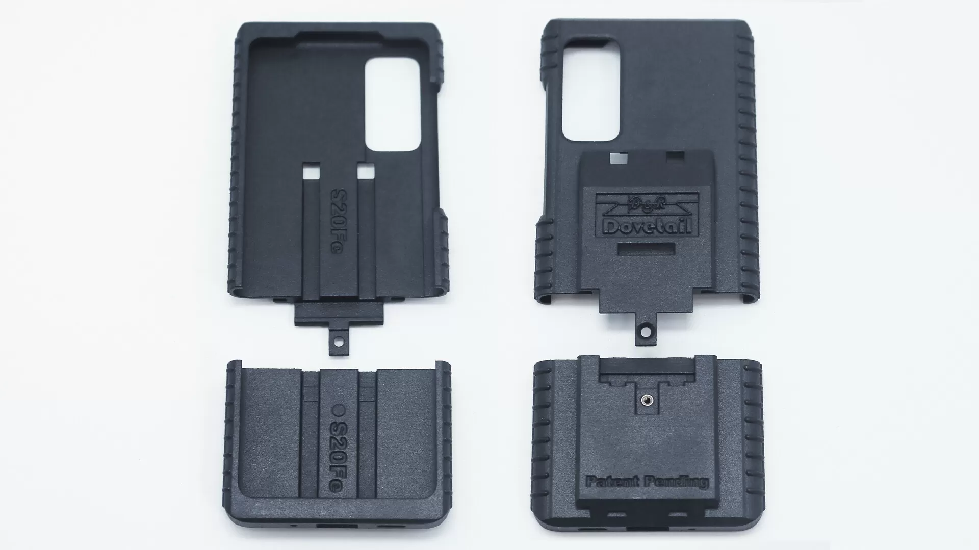 S20Fe case parts laid out with the lower caps taken off both the inside-up and outside-up shells