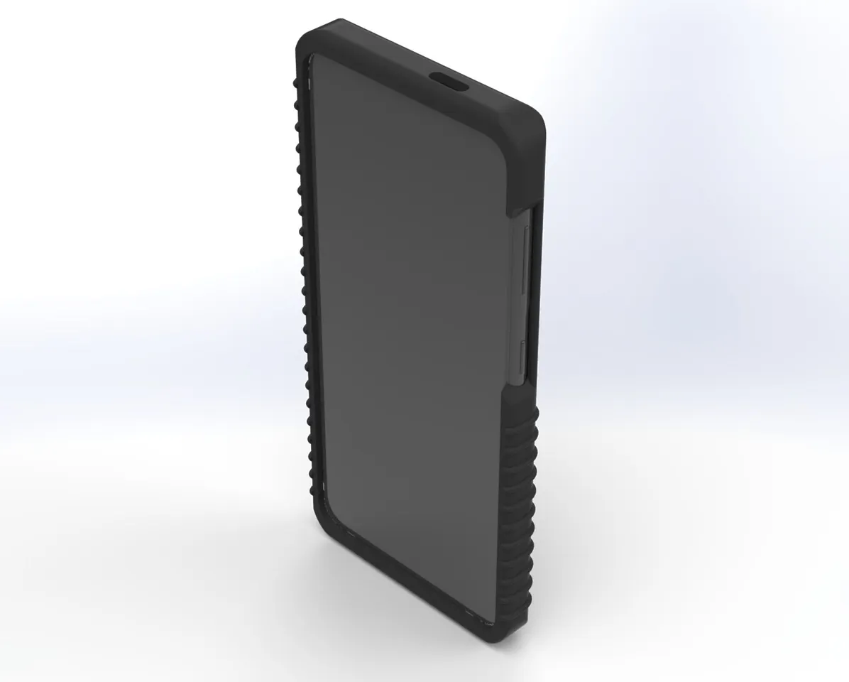Front three-quarter view of a phone in the case, screen framed by the raised protective bezel