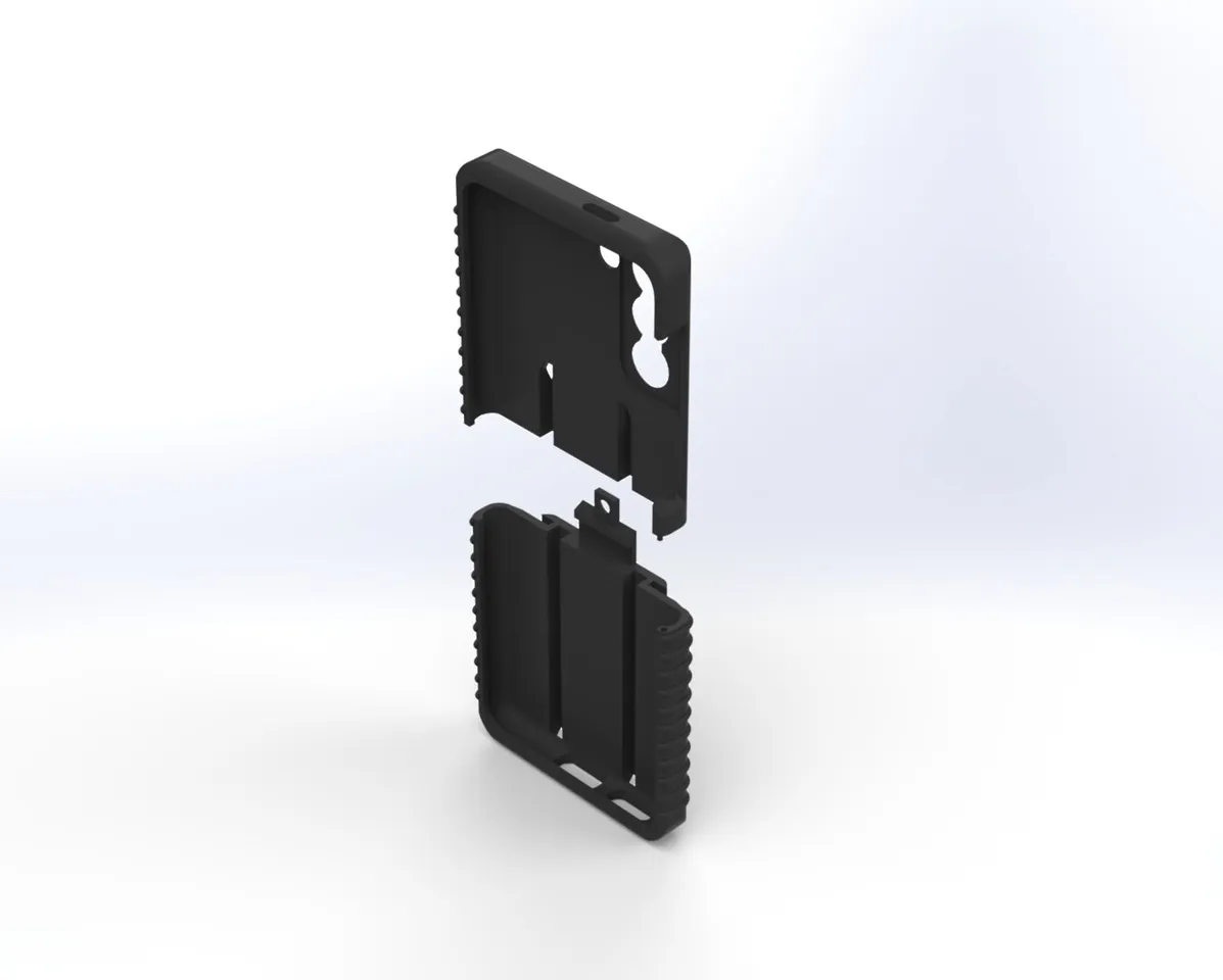 Case separated and seen from the inside, hollow phone cavity above the ribbed lower half