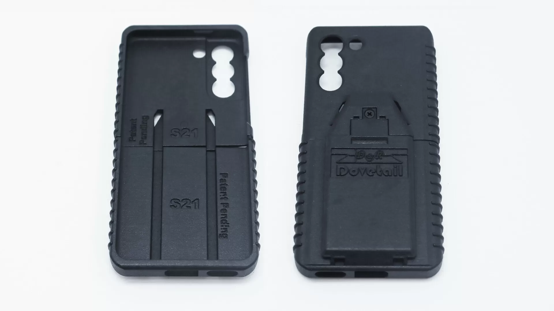 Both case halves side by side, inner face marked S21 and Patent Pending, outer face D&R Dovetail