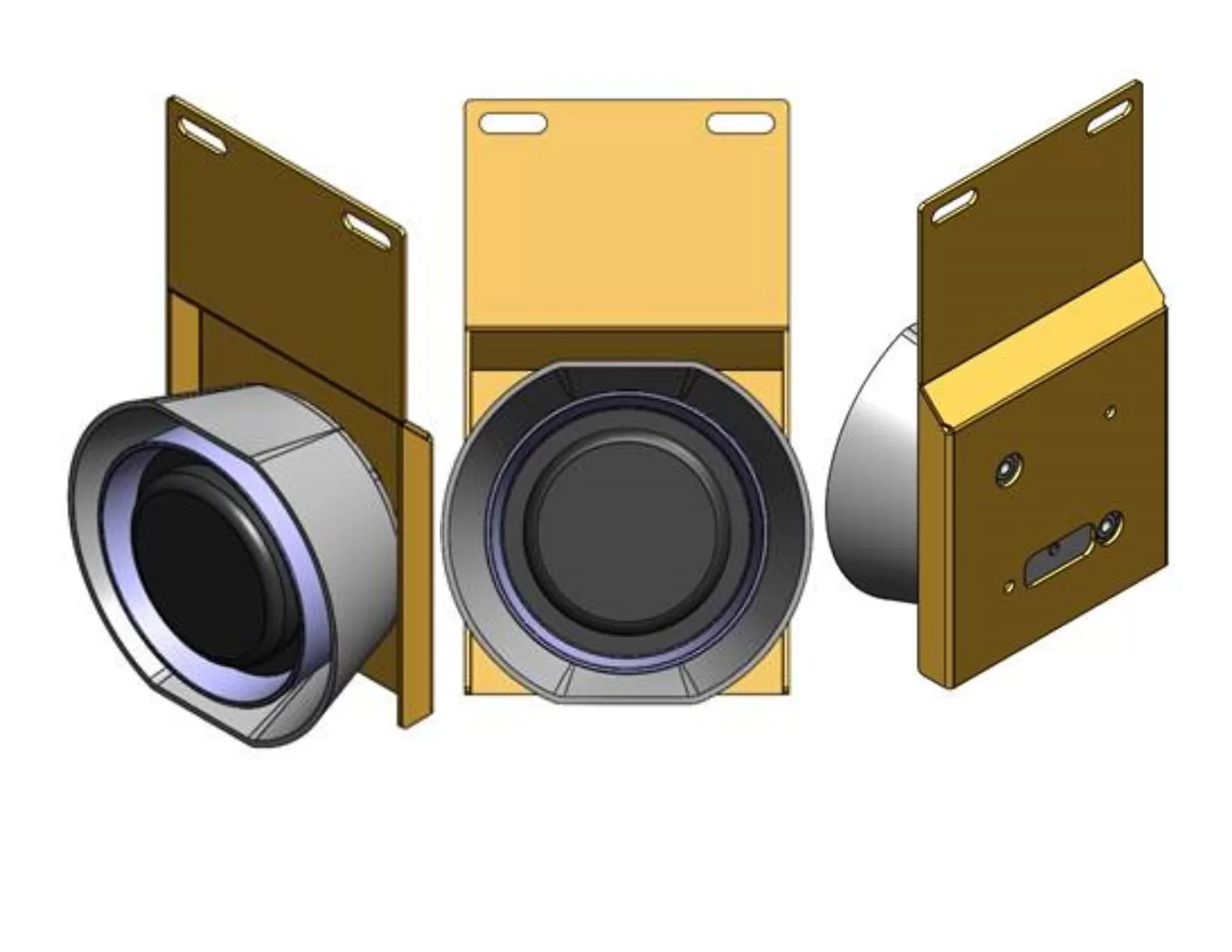 D&R 935-0099A siren speaker bracket shown from three angles with the DRCS 110 speaker mounted in it