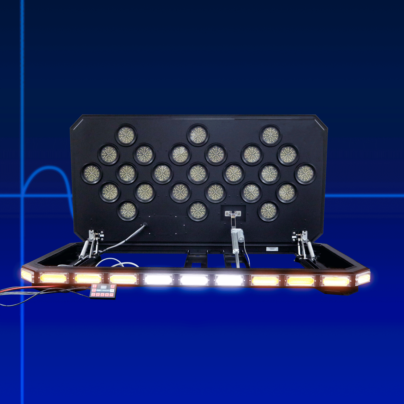D&R Chevron Odyssey OD3W-25C lightbar with the chevron board raised and amber LED clusters lit at each end