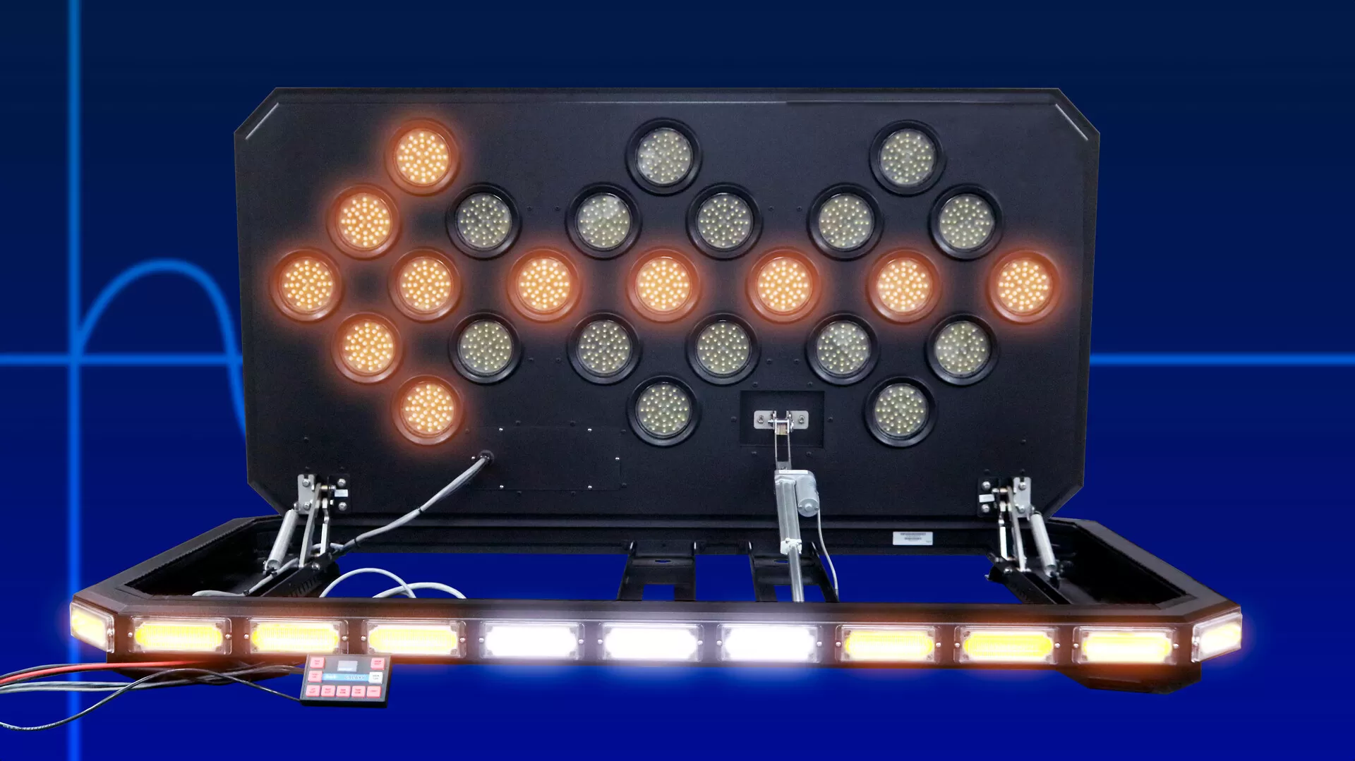 Left arrow illuminated on the raised board with the lightbar and hand controller lit below
