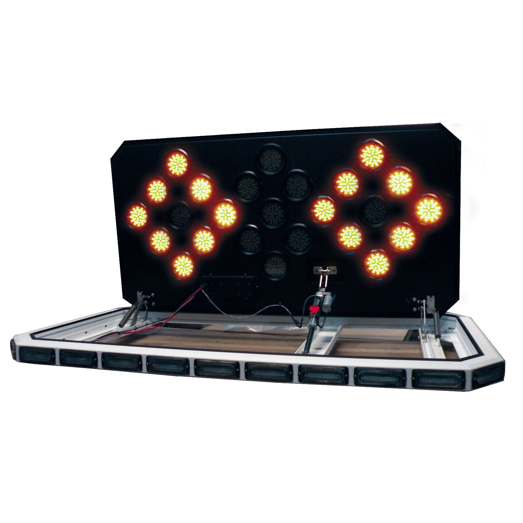 D&R Chevron Odyssey OD3W-25C lightbar with the chevron board raised and amber LED clusters lit at each end