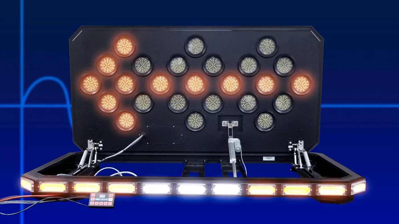 D&R Chevron Odyssey OD3W-25C lightbar with the chevron board raised and amber LED clusters lit at each end