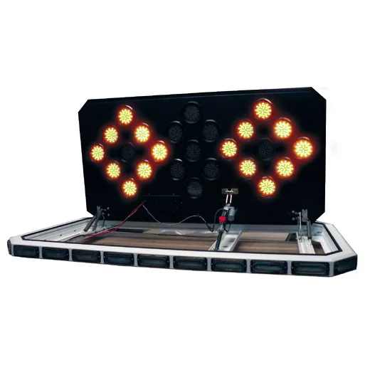 D&R Chevron Odyssey OD3W-25C lightbar with the chevron board raised and amber LED clusters lit at each end