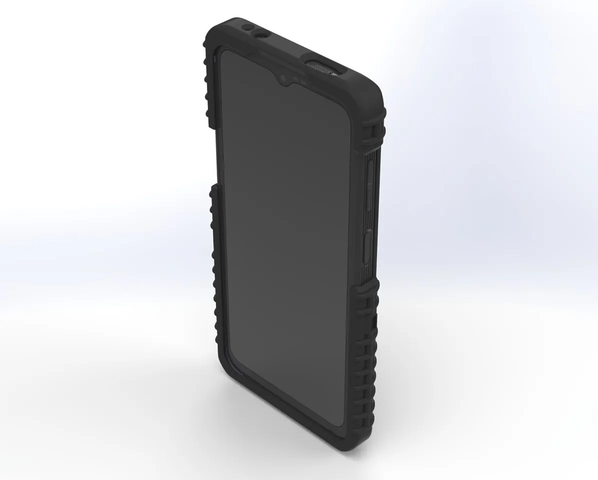 Front three-quarter of the empty case showing the screen opening and thick corner bumpers