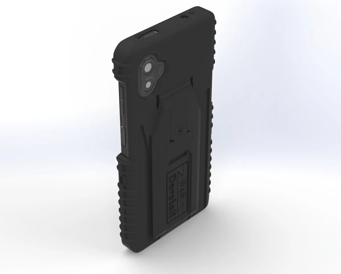 Rear three-quarter of the case fitted to the phone, dual camera cut-out and side buttons clear
