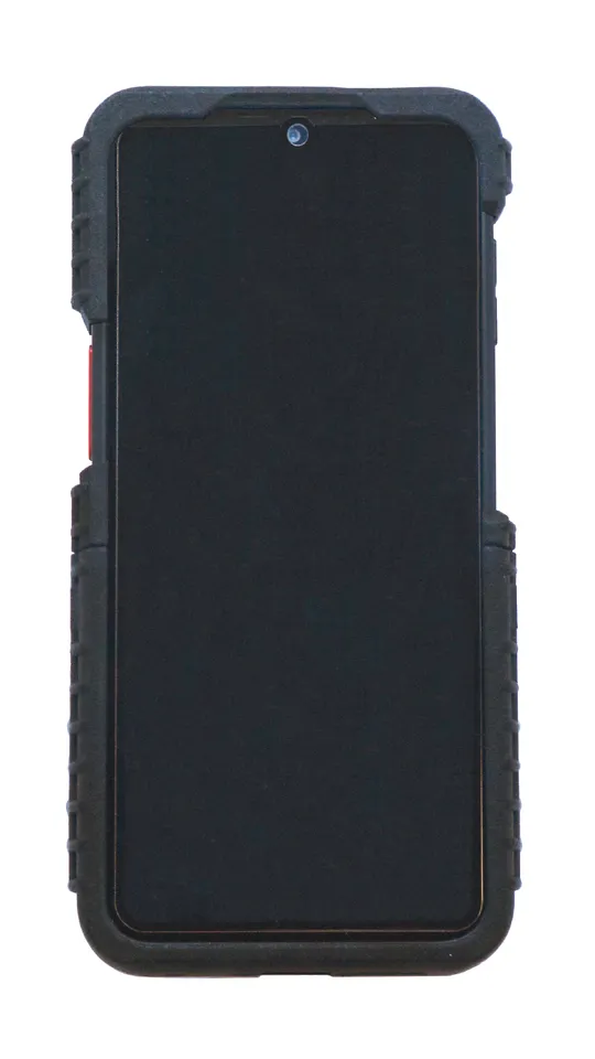 Front of the rugged rubber case on an XCover6 Pro, screen and top camera fully exposed