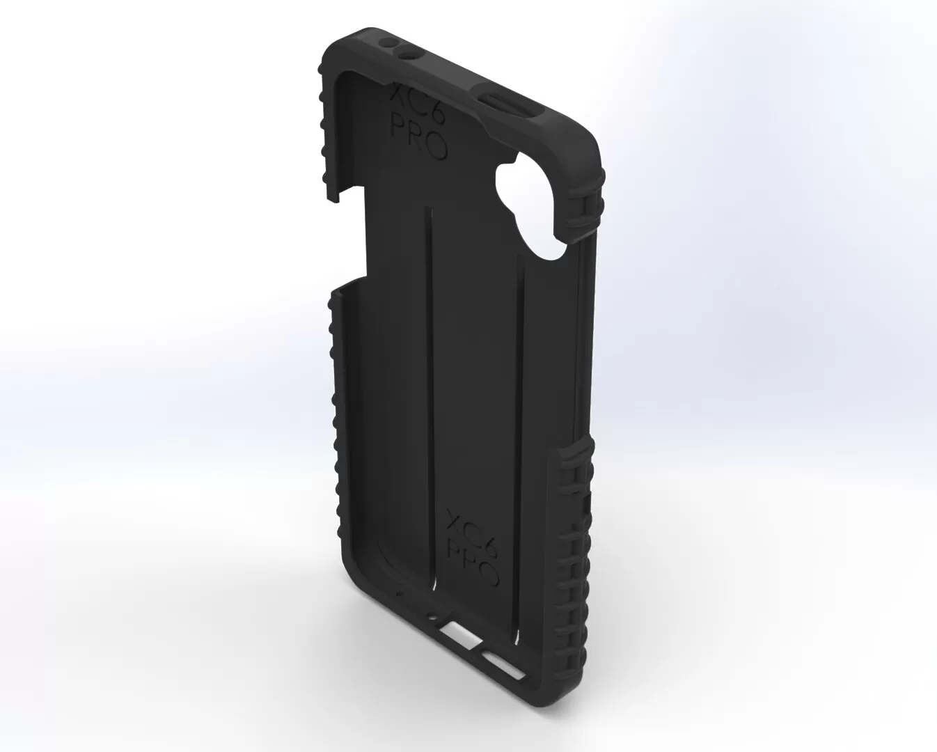 Empty case shell tilted to show XC6 PRO molded inside the phone cavity and the lens opening