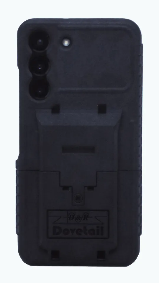 Assembled case photographed from the back, camera cut-outs and D&R Dovetail logo on the plate
