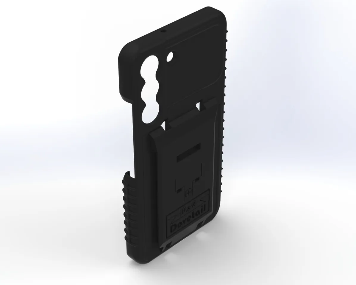 Angled rear view of the black two-piece case showing the raised dock plate and side grip ribs