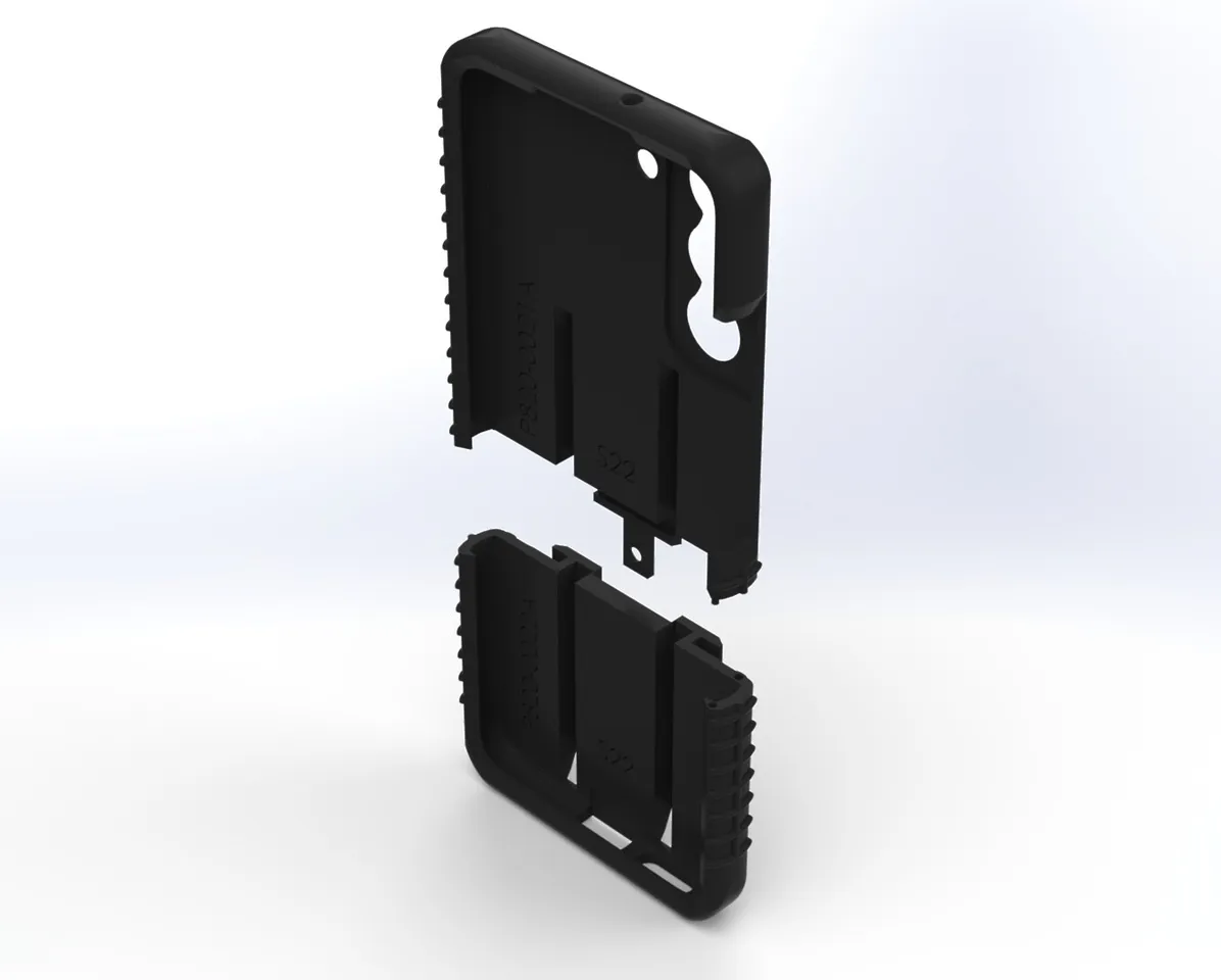 Interior side of the two parts pulled apart, showing the tongue that joins shell to base