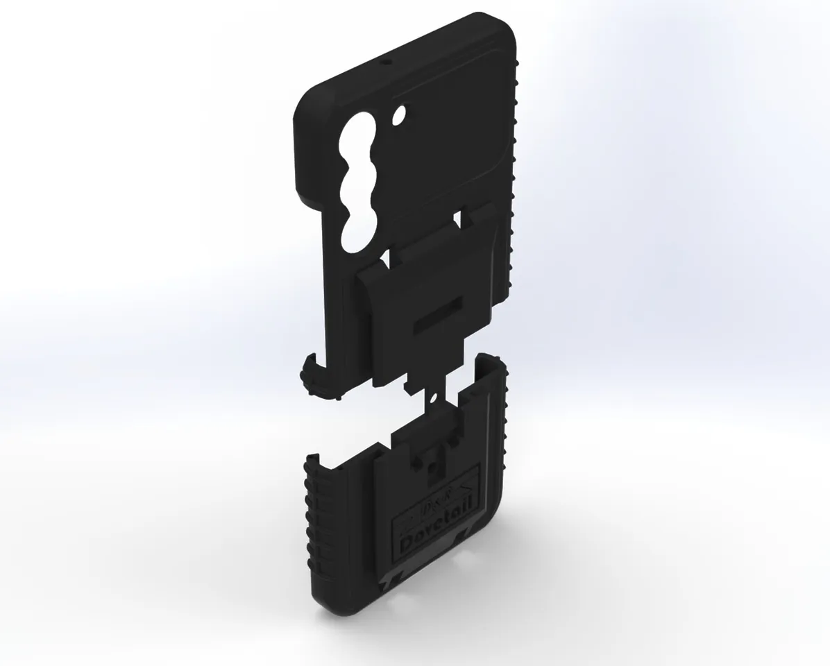 S22 case separated into its two halves, upper shell floating above the ribbed lower section