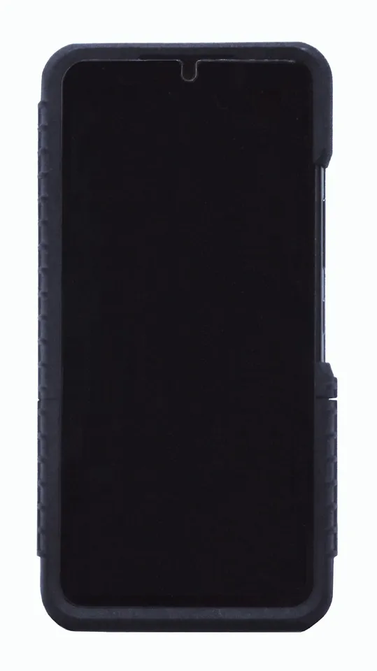 Front of the finished case photographed flat, black screen surround and textured side edges