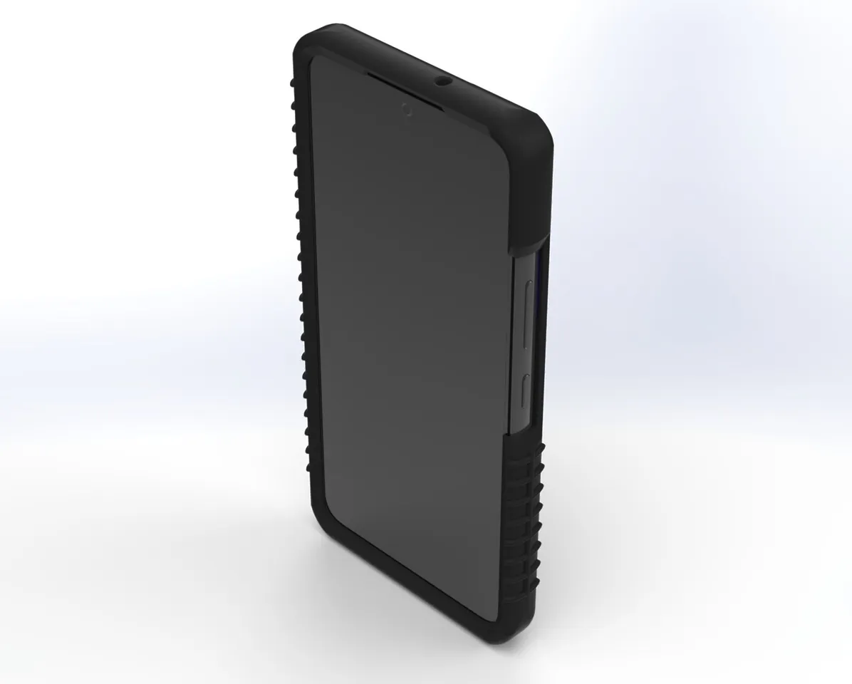 Front three-quarter view of the cased phone, dark screen and side buttons inside the raised bezel