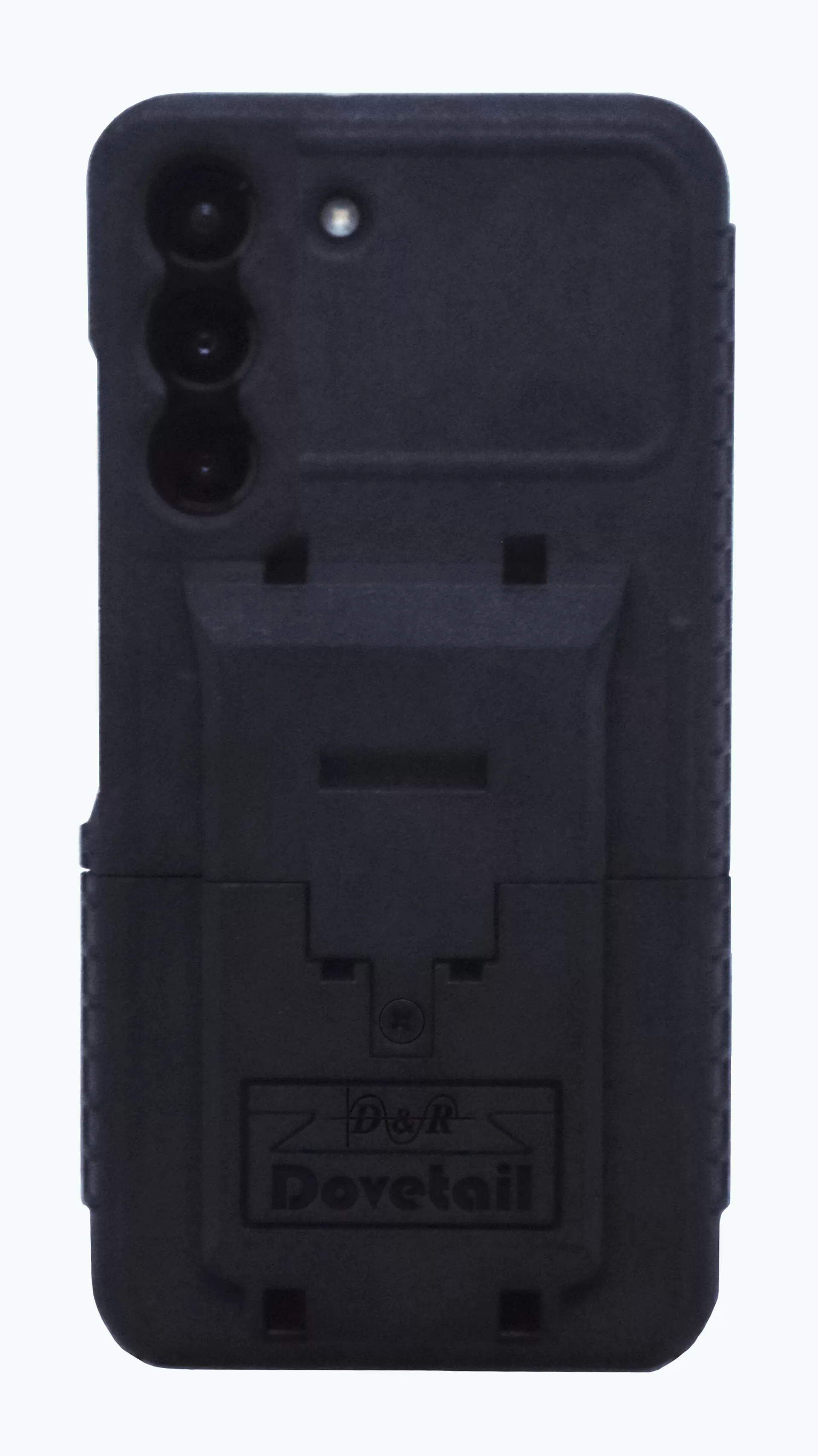 Assembled case photographed from the back, camera cut-outs and D&R Dovetail logo on the plate