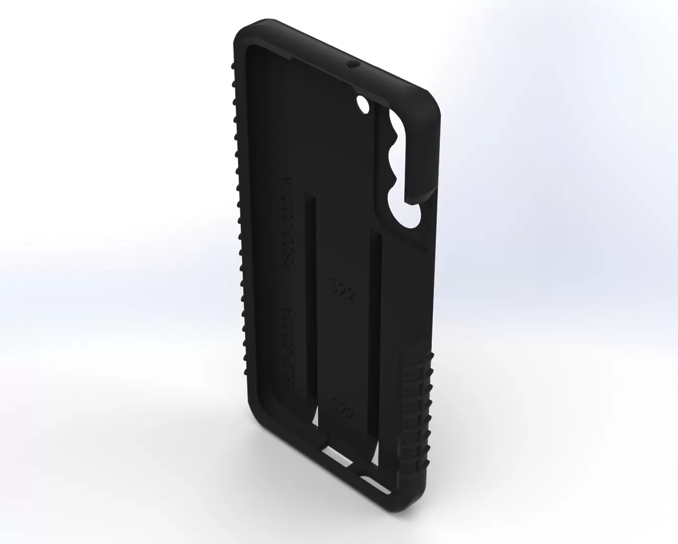 Tilted look inside the empty case with moulded S22 and Patent Pending markings on the back wall