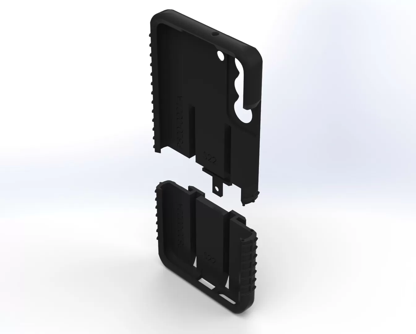 Interior side of the two parts pulled apart, showing the tongue that joins shell to base