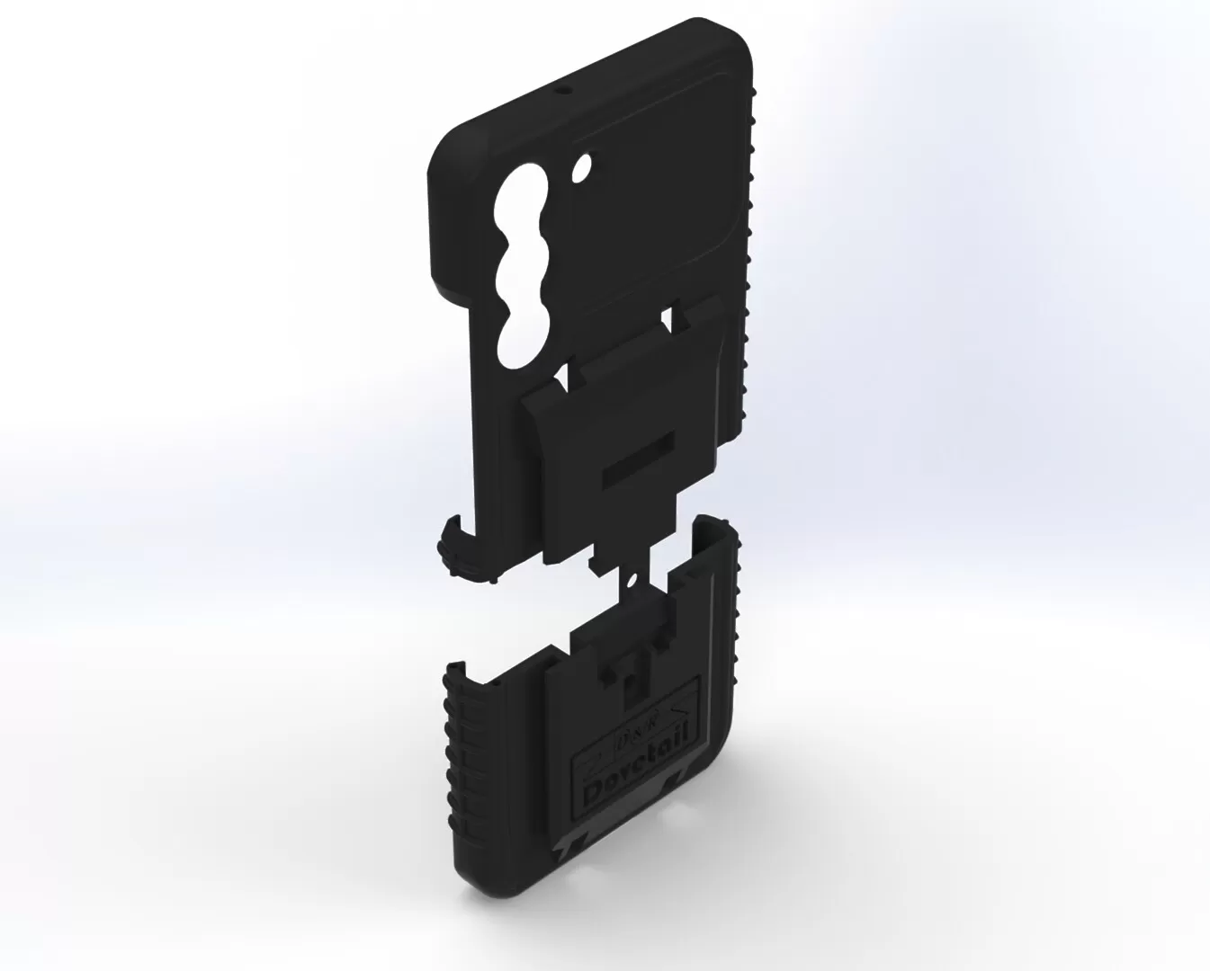 S22 case separated into its two halves, upper shell floating above the ribbed lower section