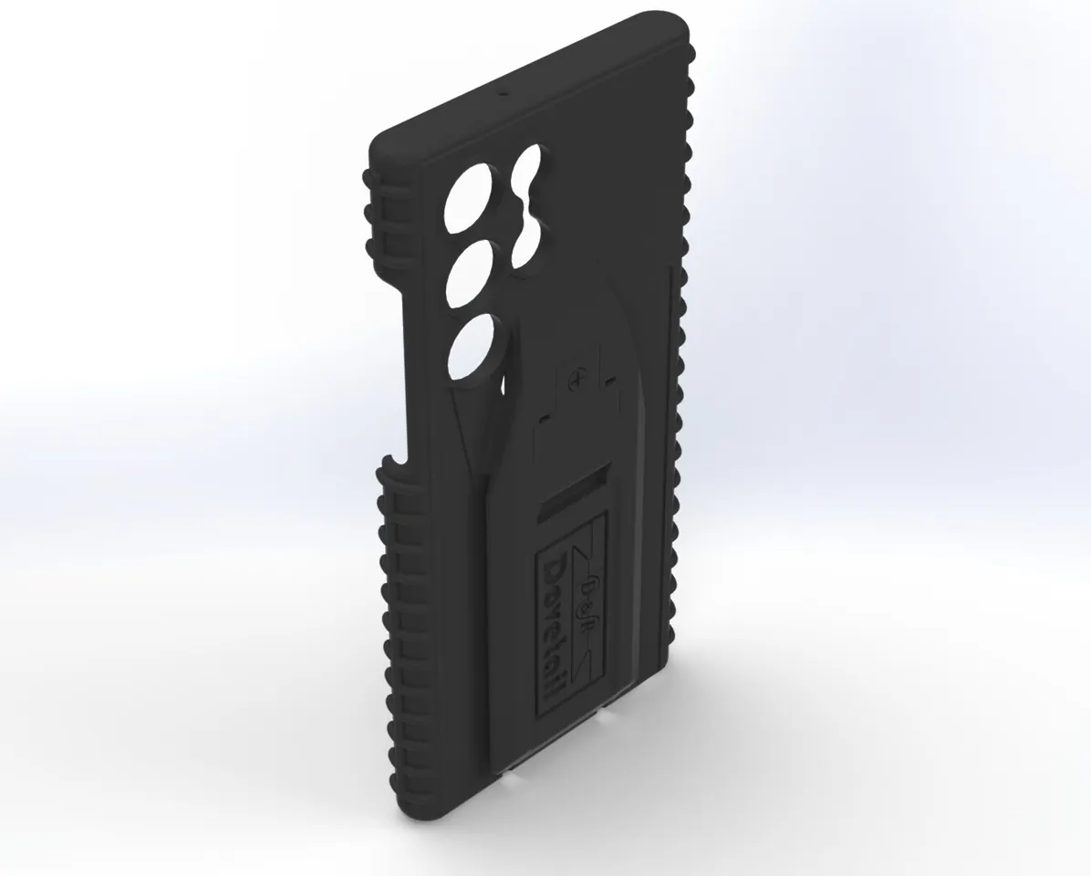 Angled rear view of the S22 Ultra case, four camera cut-outs and deep ribbed side grips