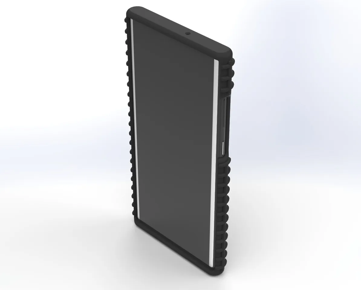 Front three-quarter view of the cased phone, screen framed by the ribbed protective edge