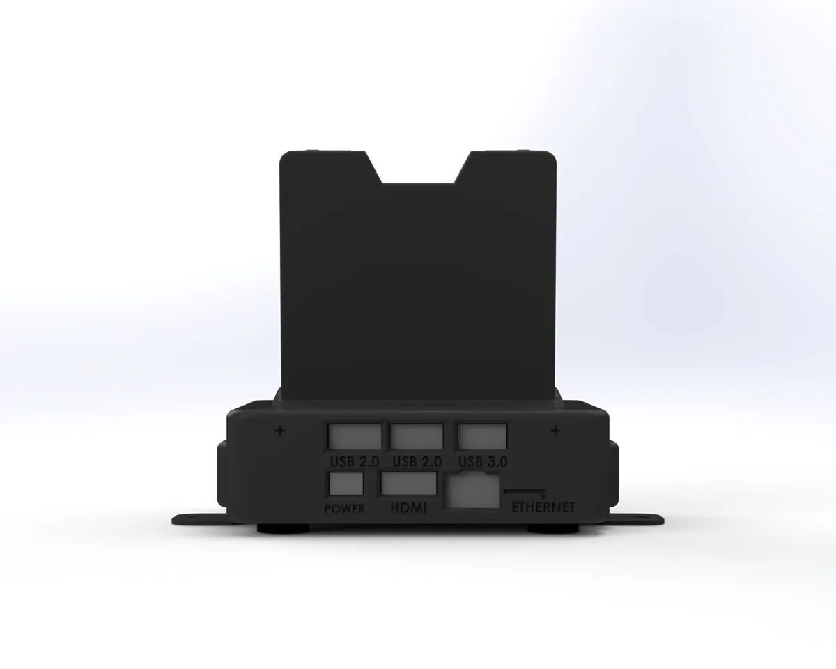 Rear panel labelled USB 2.0, USB 2.0, USB 3.0, POWER, HDMI and ETHERNET beneath the phone cradle