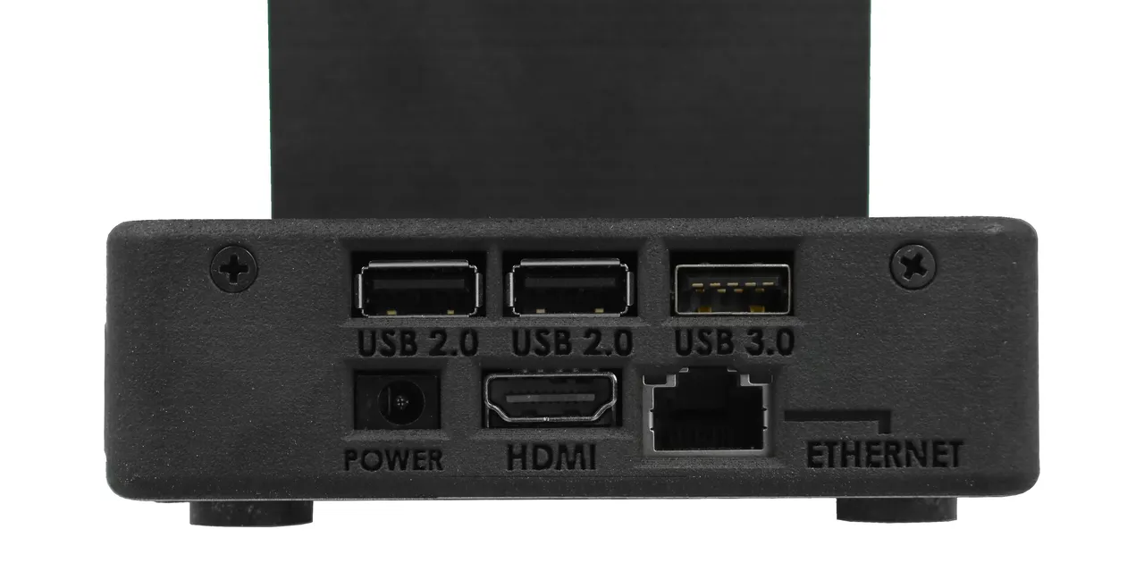 Close-up of the connector bank: two USB 2.0 ports, one USB 3.0, power, HDMI and Ethernet sockets