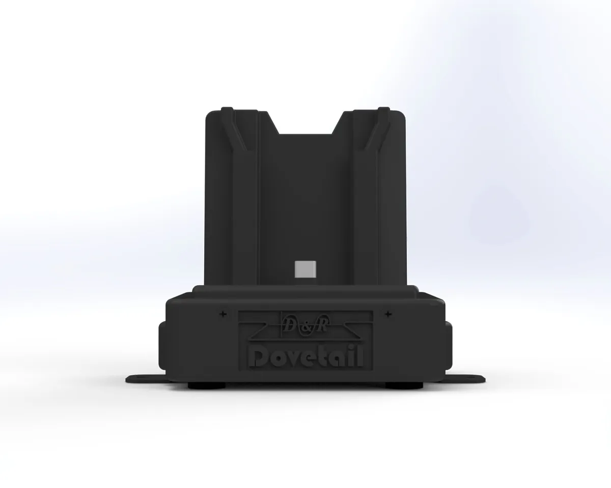 D&R Dovetail desktop docking station, front view of the empty phone cradle above the embossed logo base