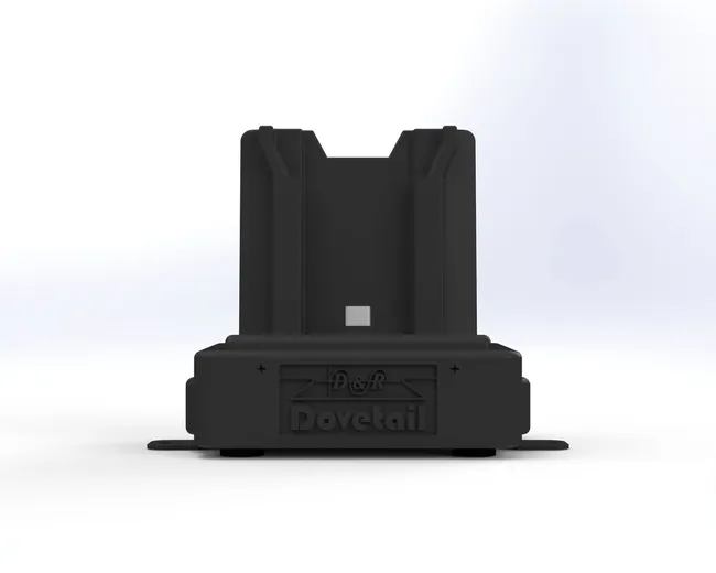 D&R Dovetail desktop docking station, front view of the empty phone cradle above the embossed logo base