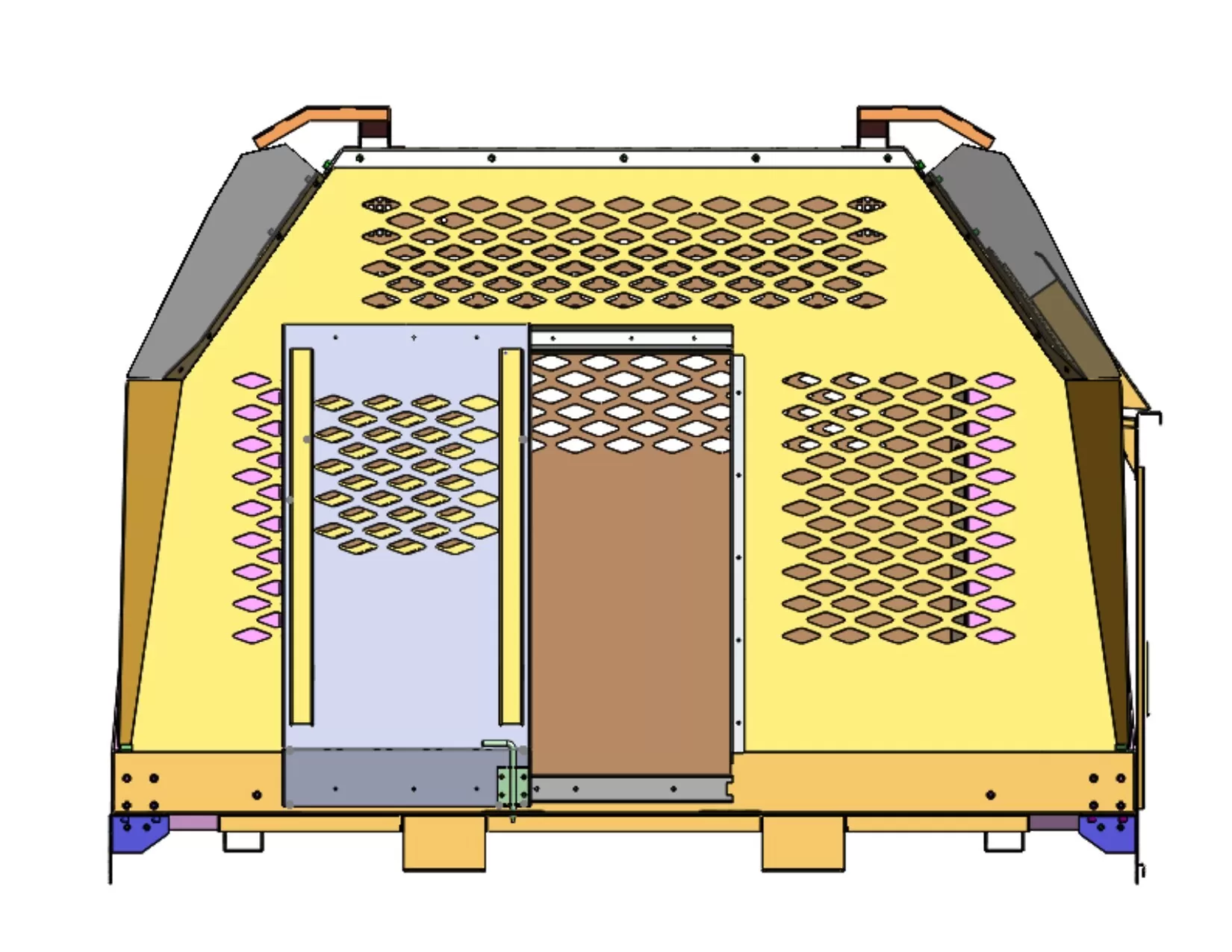 Front elevation showing a front slide door beside honeycomb cut-outs for increased airflow